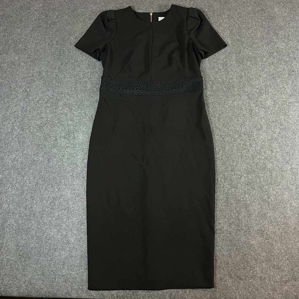 Calvin Klein Black Sheath Dress Crochet Waist Puff Sleeve Size 4 Office Career